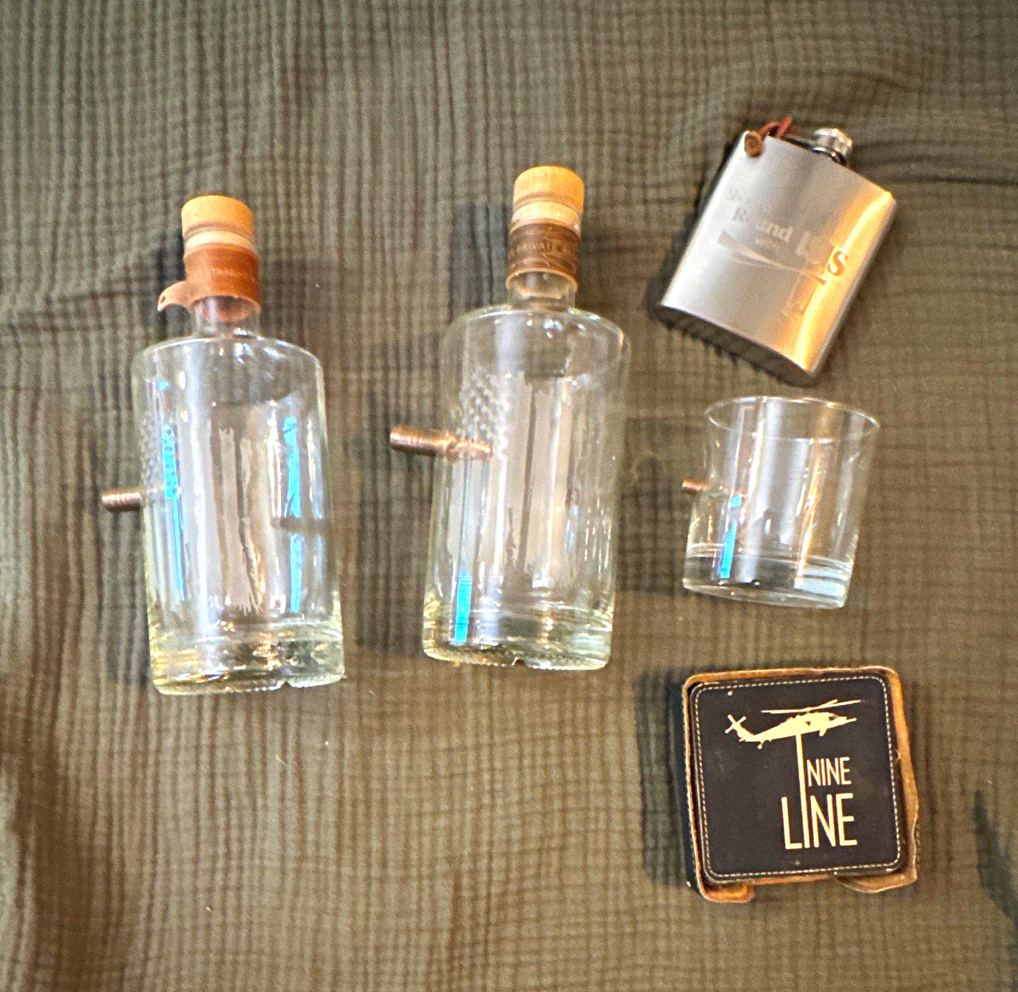 Nine Line X BenShot Bar Set 2 Decanters 1 Glass 1 Flask 1 Set of coasters