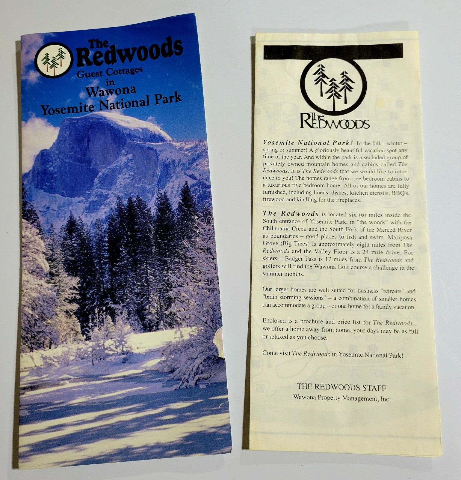 1992/1993 Brochure w/ Price List Redwoods Cottages Wawona Yosemite Park Vintage