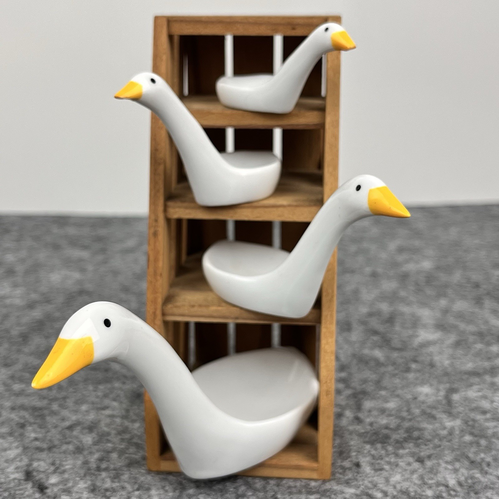 Vintage Avon Products Ceramic Goose Duck Measuring Spoons w Wood Display Stand