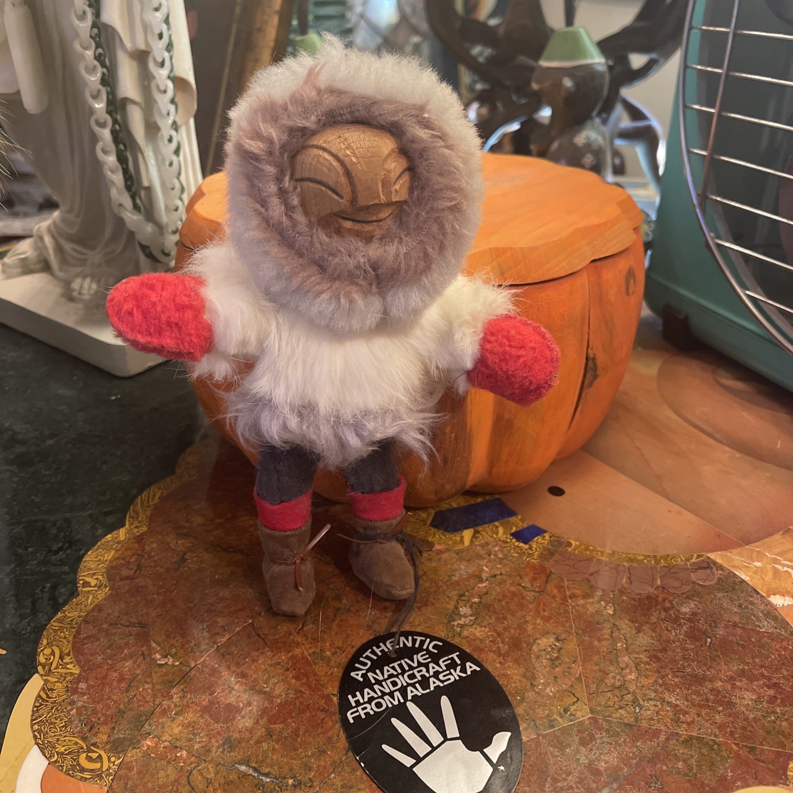 Vintage Eric Tepton signed Alaskan Native Handmade Fur & Wood Doll - 8” Long