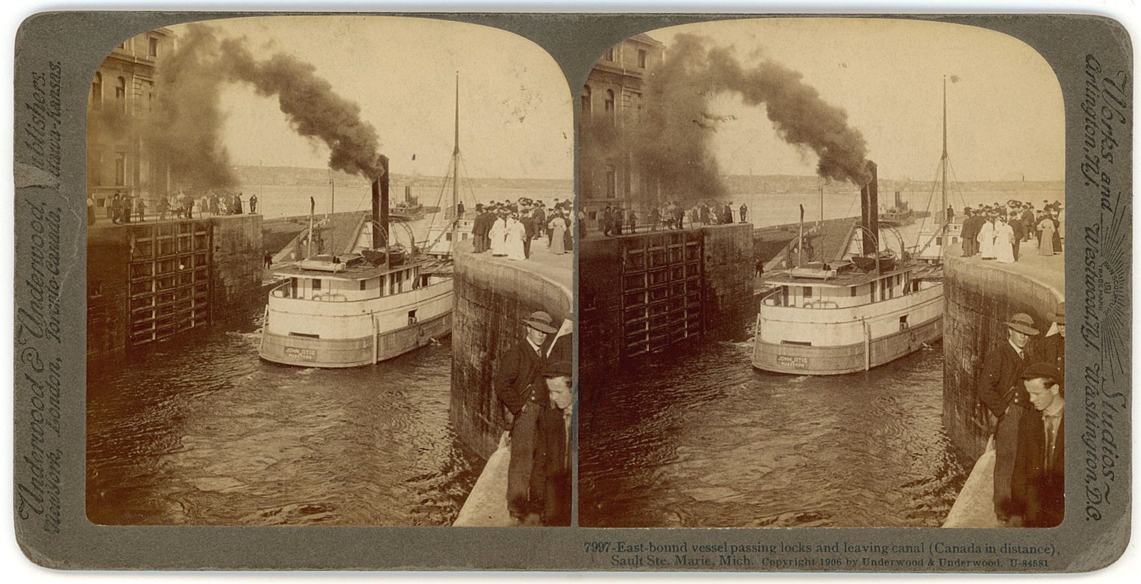 MICHIGAN STEREOVIEW - Sault Ste Marie - Eastbound Vessel in Lock - Underwood