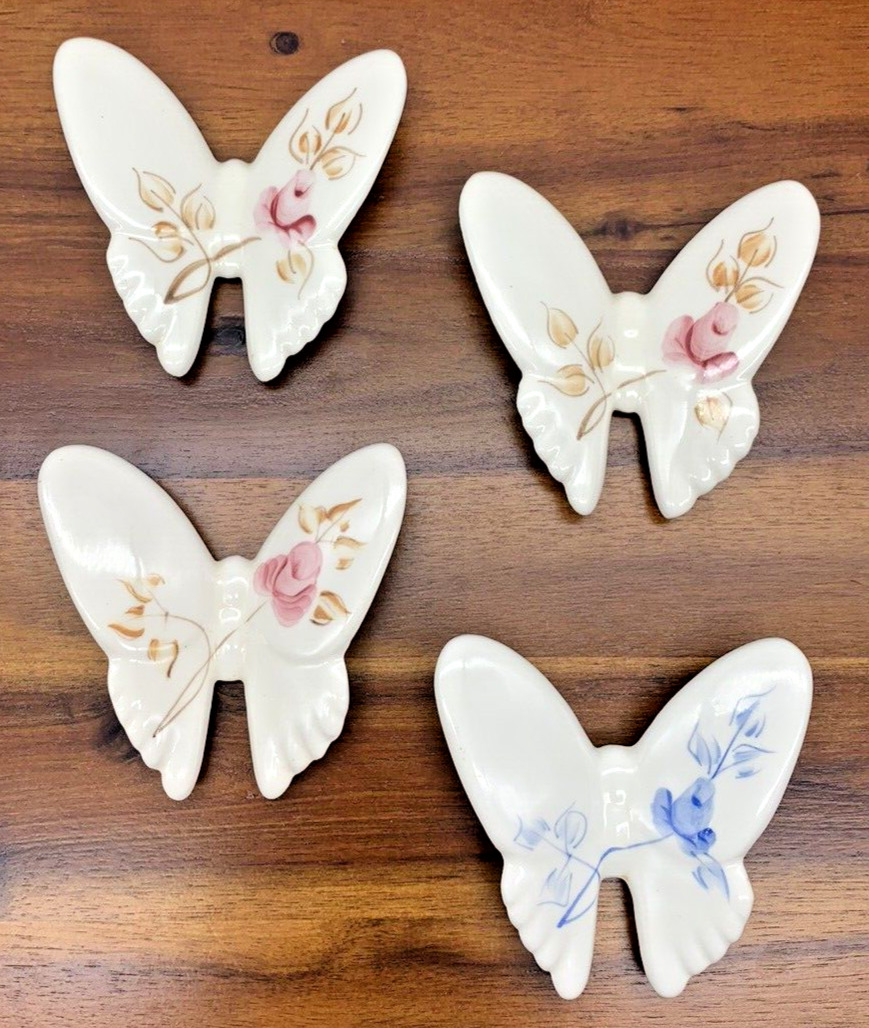 Set of 4 Vintage Homco Ceramic Floral Butterfly Wall Hanging Hand Painted