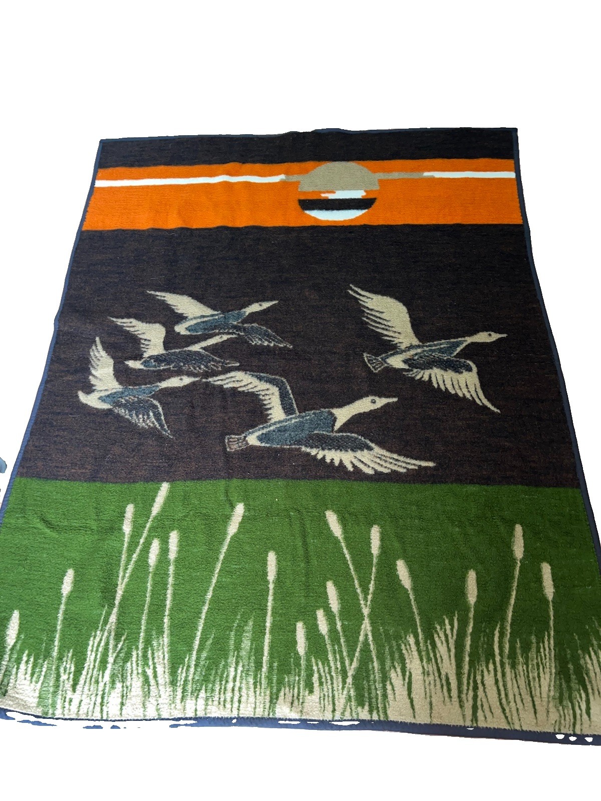 Vintage Biederlack Throw Blanket Reversible Ducks Geese Sunset Camp Retro ~72x56