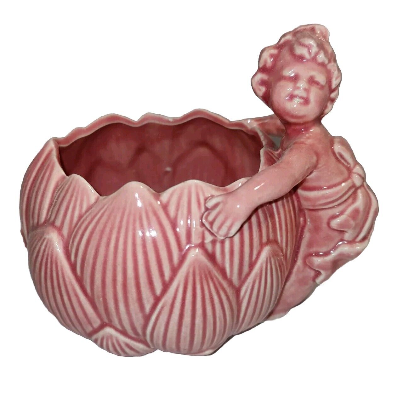 VTG Mauve Pink Planter Ceramic Small Baby Child Artichoke Lotus Kitschy Japan 