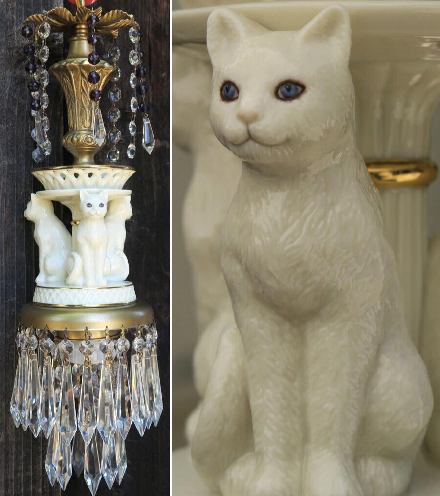 Ivory Porcelain Cat Swag Lamp Chandelier Brass Tole Purple Beads Crystal Prisms