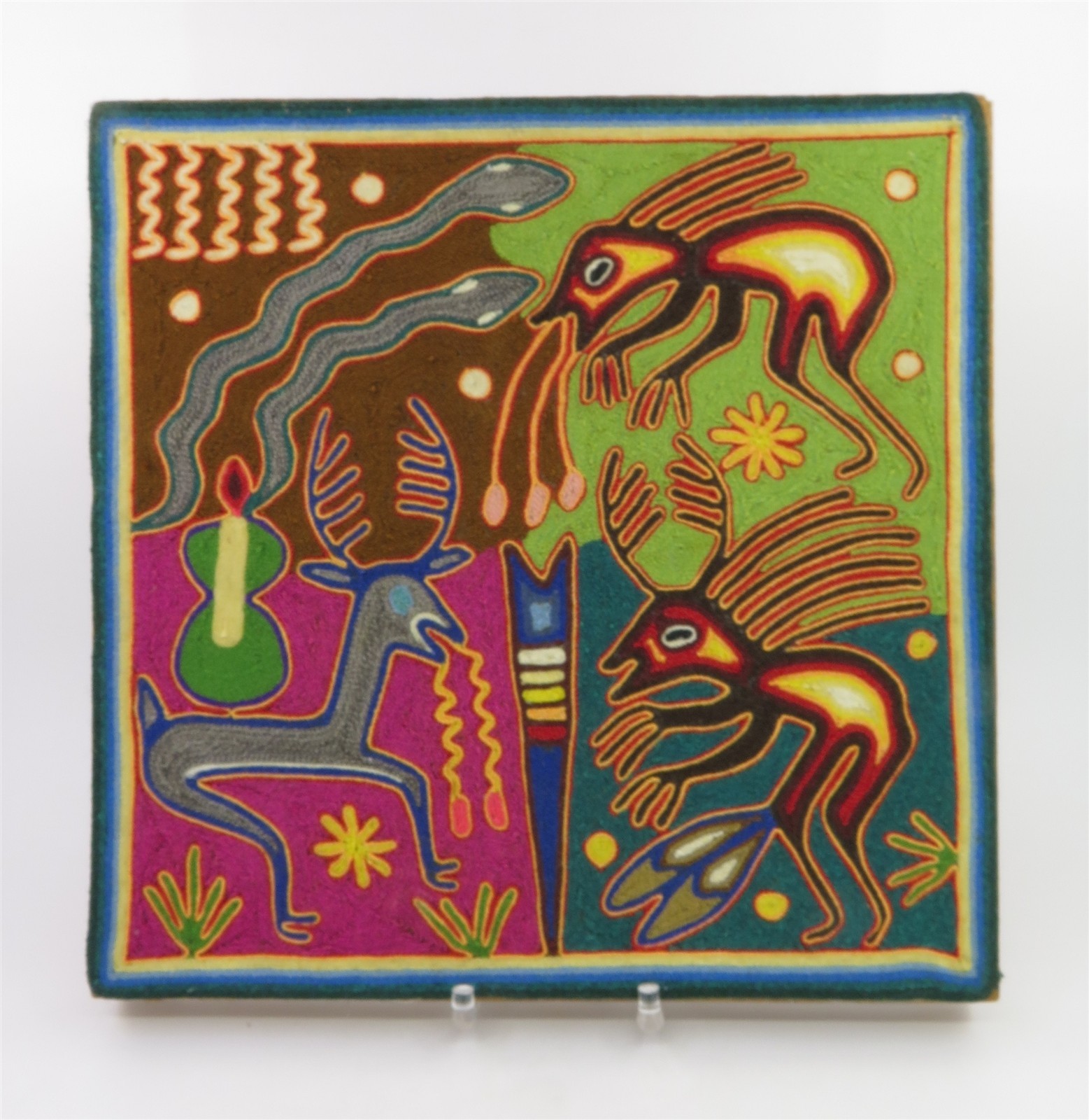 Vintage Huichol Yarn Painting Panel Artwork by Jesús González Eligio 11.75 Vintage Huichol Yarn Painting Panel Artwork by Jesús González Eligio 11.75