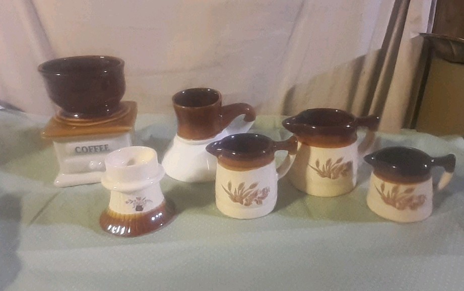 Vintage 1970s Stoneware Mini Coffee 5pc Brown Drip Wheat Tea Set