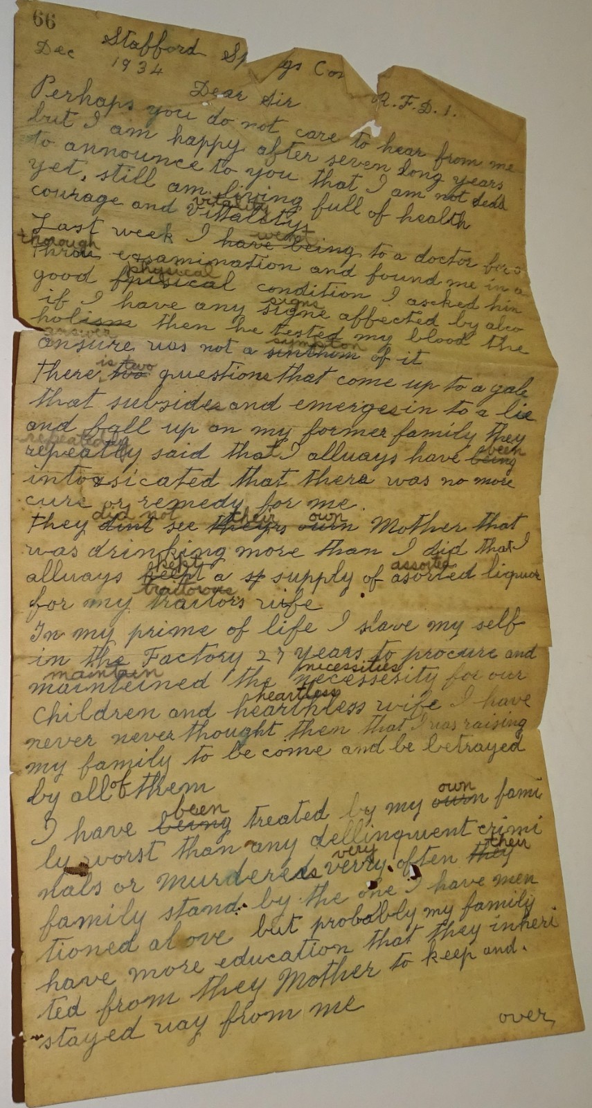 Brutal Angry 1934 Handwritten letter about family separation, alcoholism, etc.