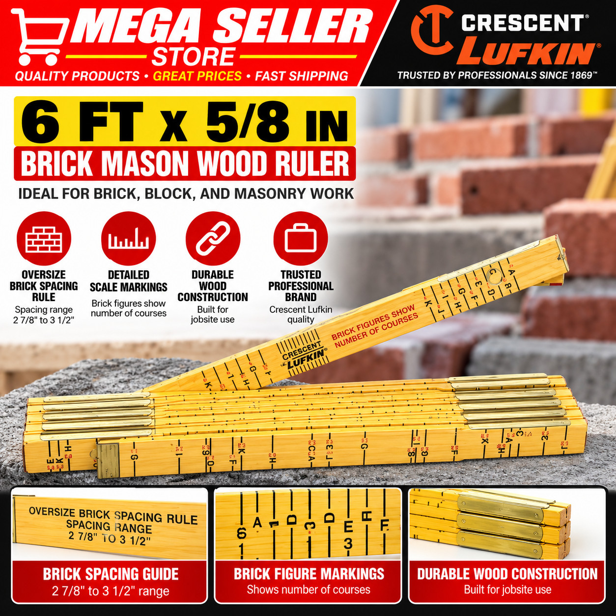 Crescent Lufkin 6 ft Folding Wood Ruler Brick Mason Red End Measuring Rule T656N