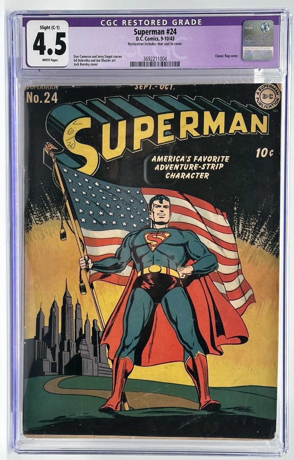 Superman 24 CGC 4.5 R (Slight C-1) White Pages DC Comics 1943 Classic Flag Cover