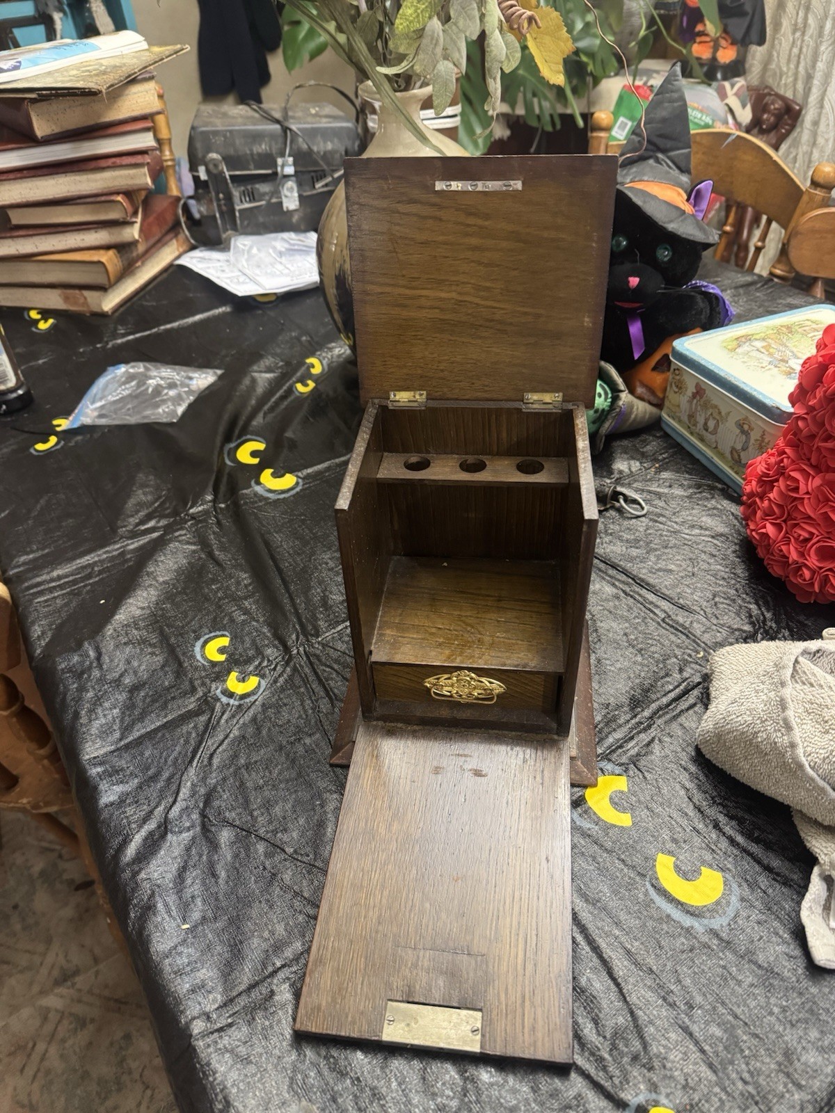 antique English oak pipe and tobacco cabinet