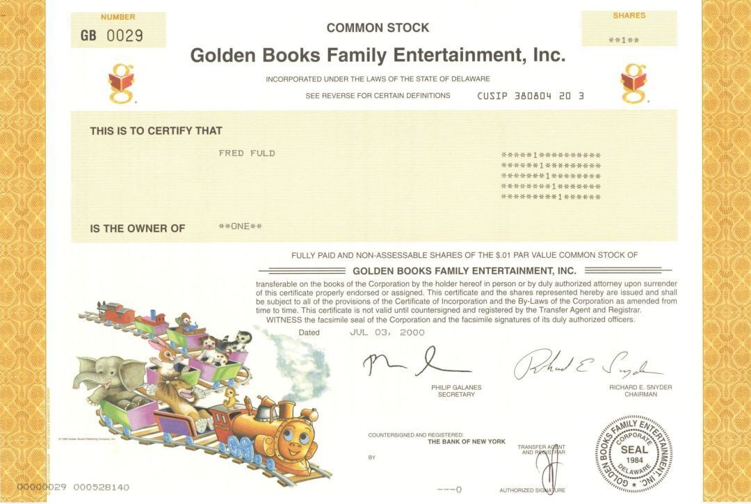 Golden Books Family Entertainment Inc. - 2000 dated Children\'s Books Stock Certi