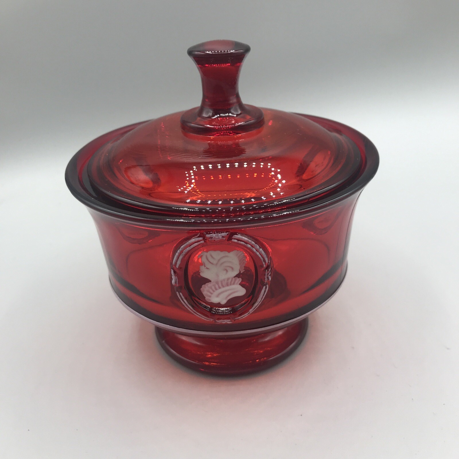 Westmoreland Ruby Cameo Covered Candy Dish - Signed S Carroll 1979