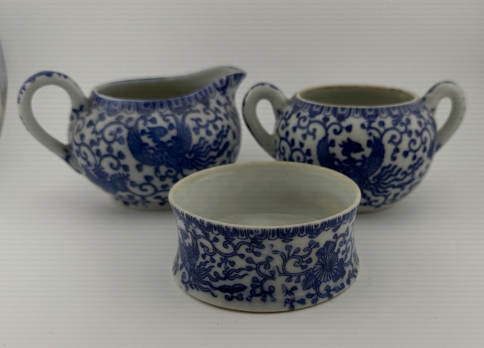 Vtg Japanese Blue White Phoenix Ho-o Bird Creamer Sugar Set + Dish Hand Painted