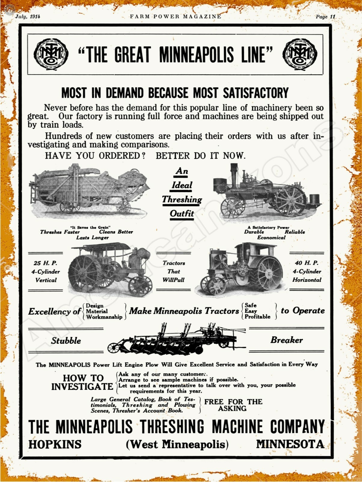 1914 Minneapolis Moline New Metal Sign: Steam Tractors LARGE SIZE 12 x 16