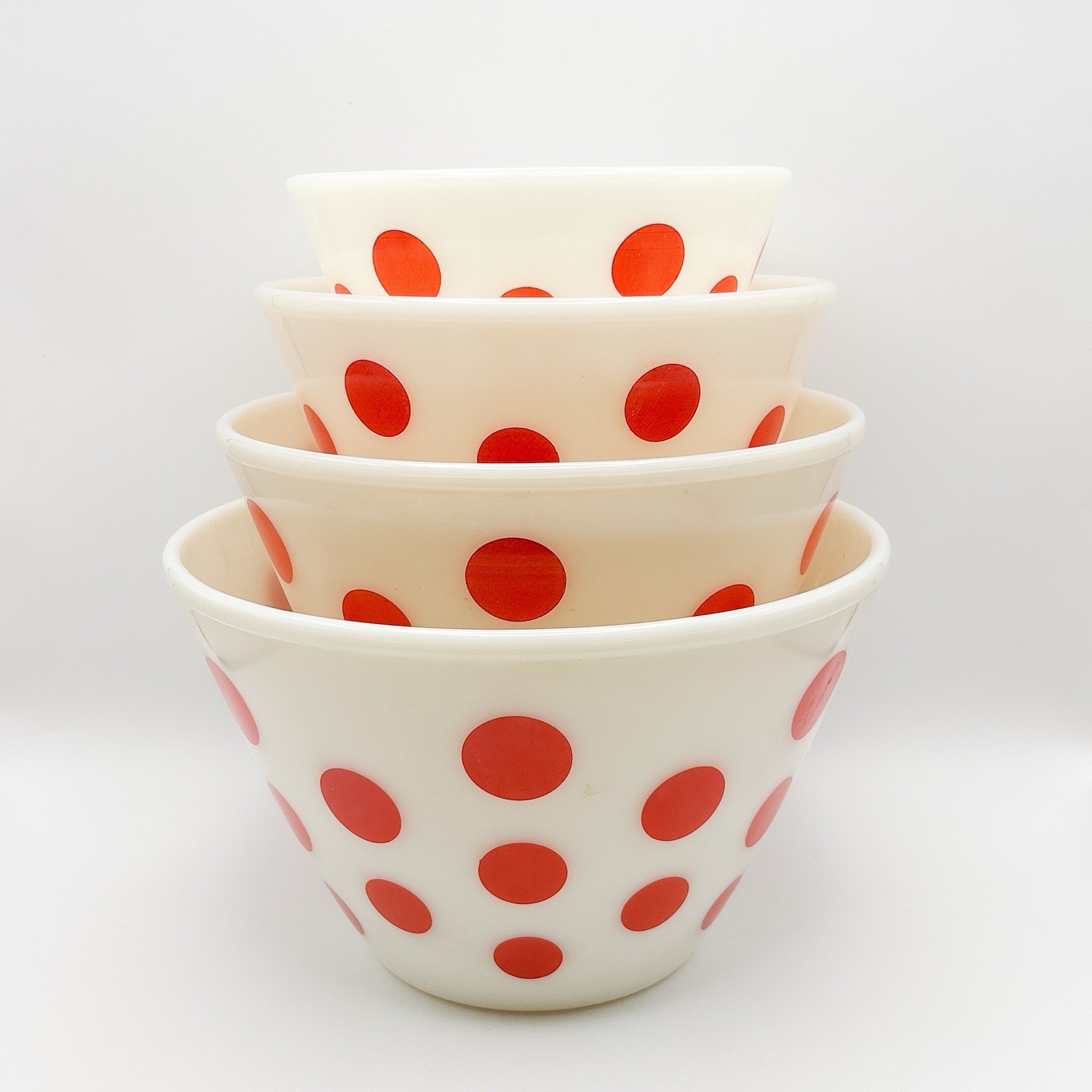 VTG Fire King Red Polka Dot Milk Glass Mixing Bowls Oven Ware Set of 4 Nesting