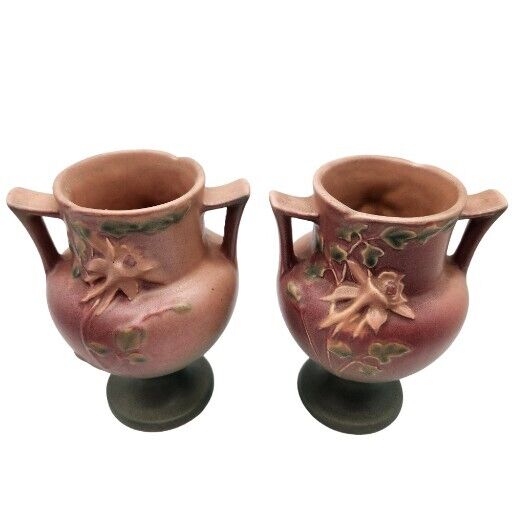 Pair Roseville Pottery 150-6 INCH Columbine Pedestal Vase Green Pink Two Handle