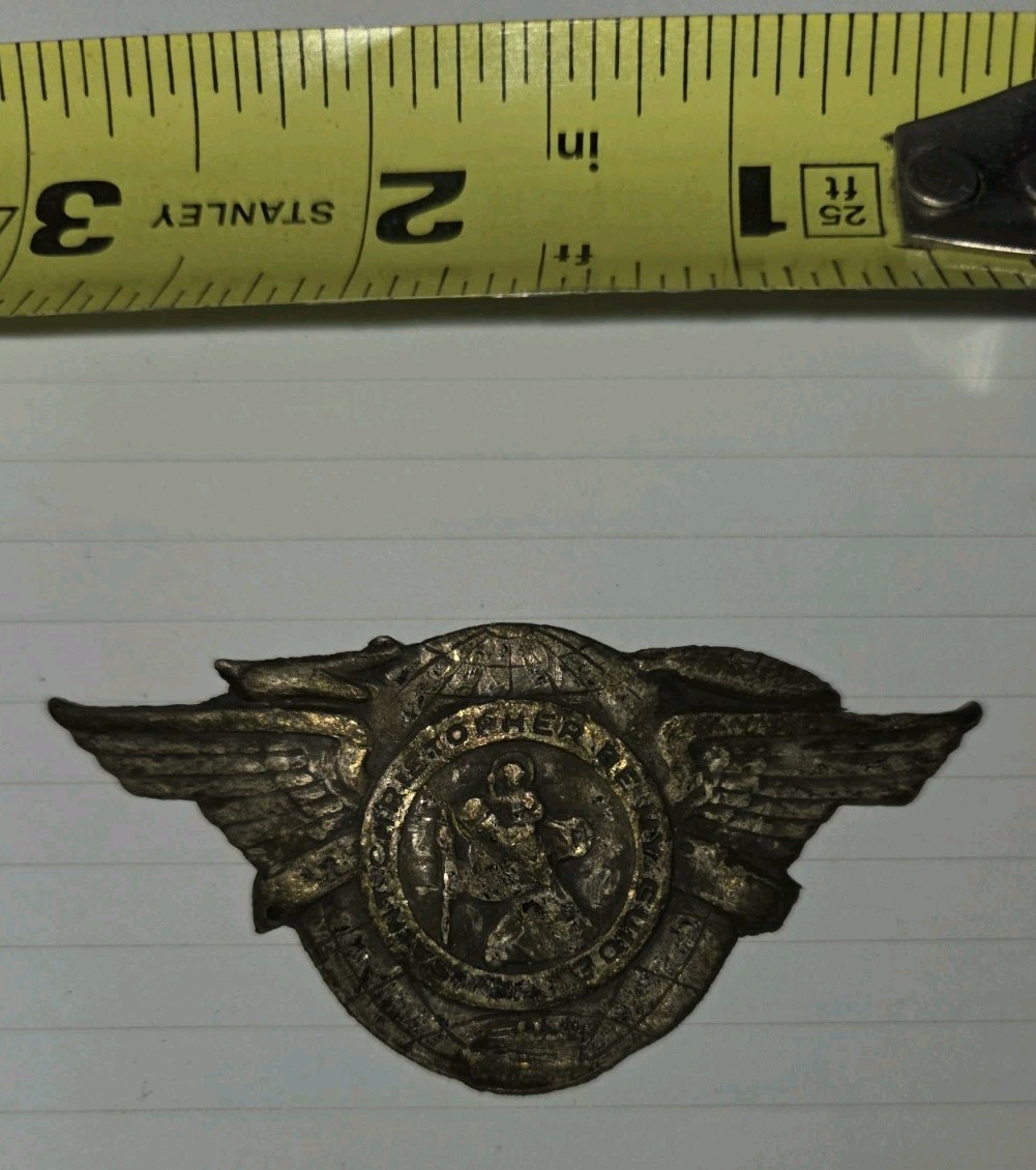 Vintage St Christopher Be My Guide Winged Auto Visor Pin Globe Travel Badge 3in