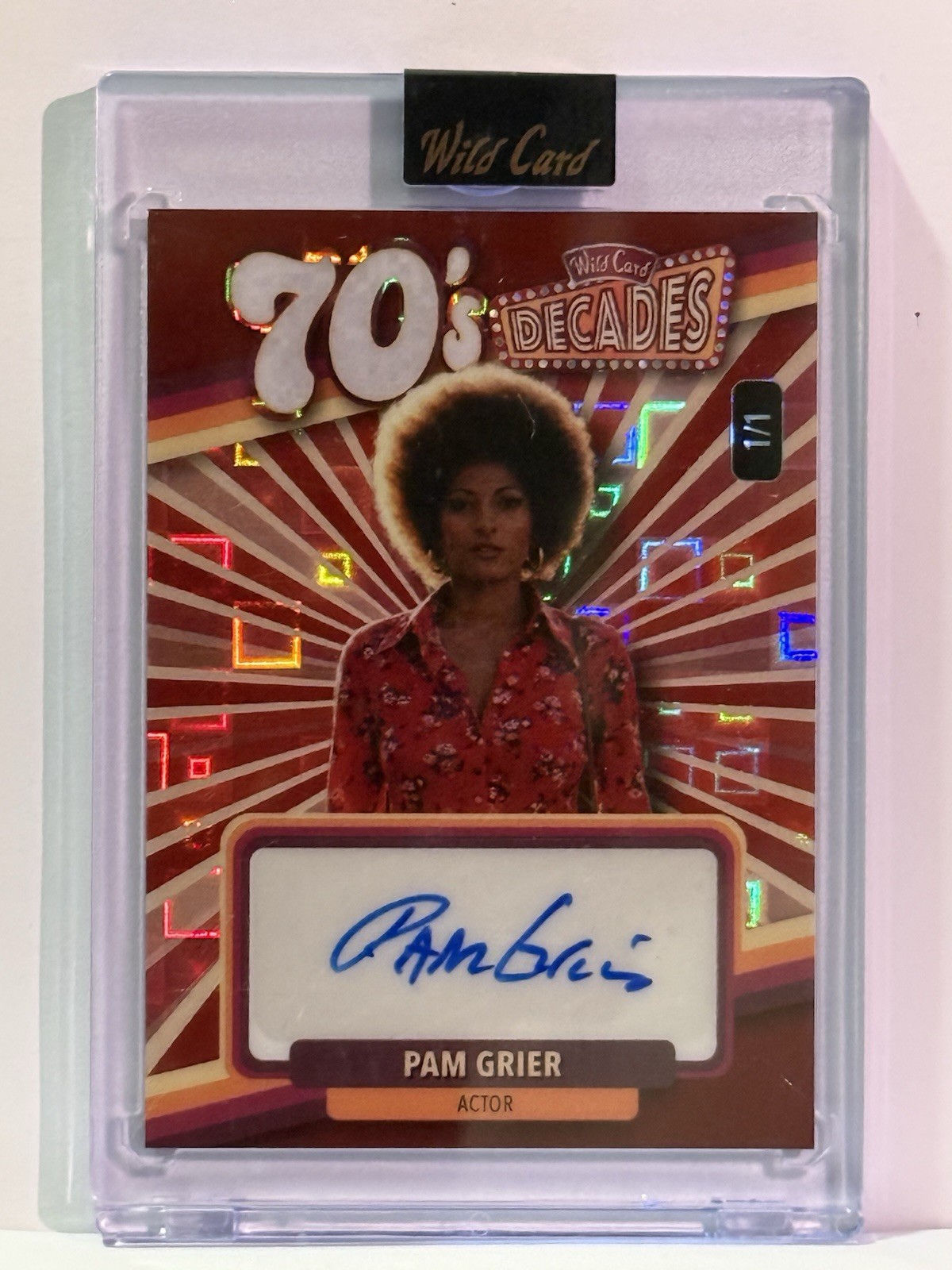 2026 Wild Card Decades Pam Grier Holofoil Auto 1/1 & 1/1 red glitter-2 card lot