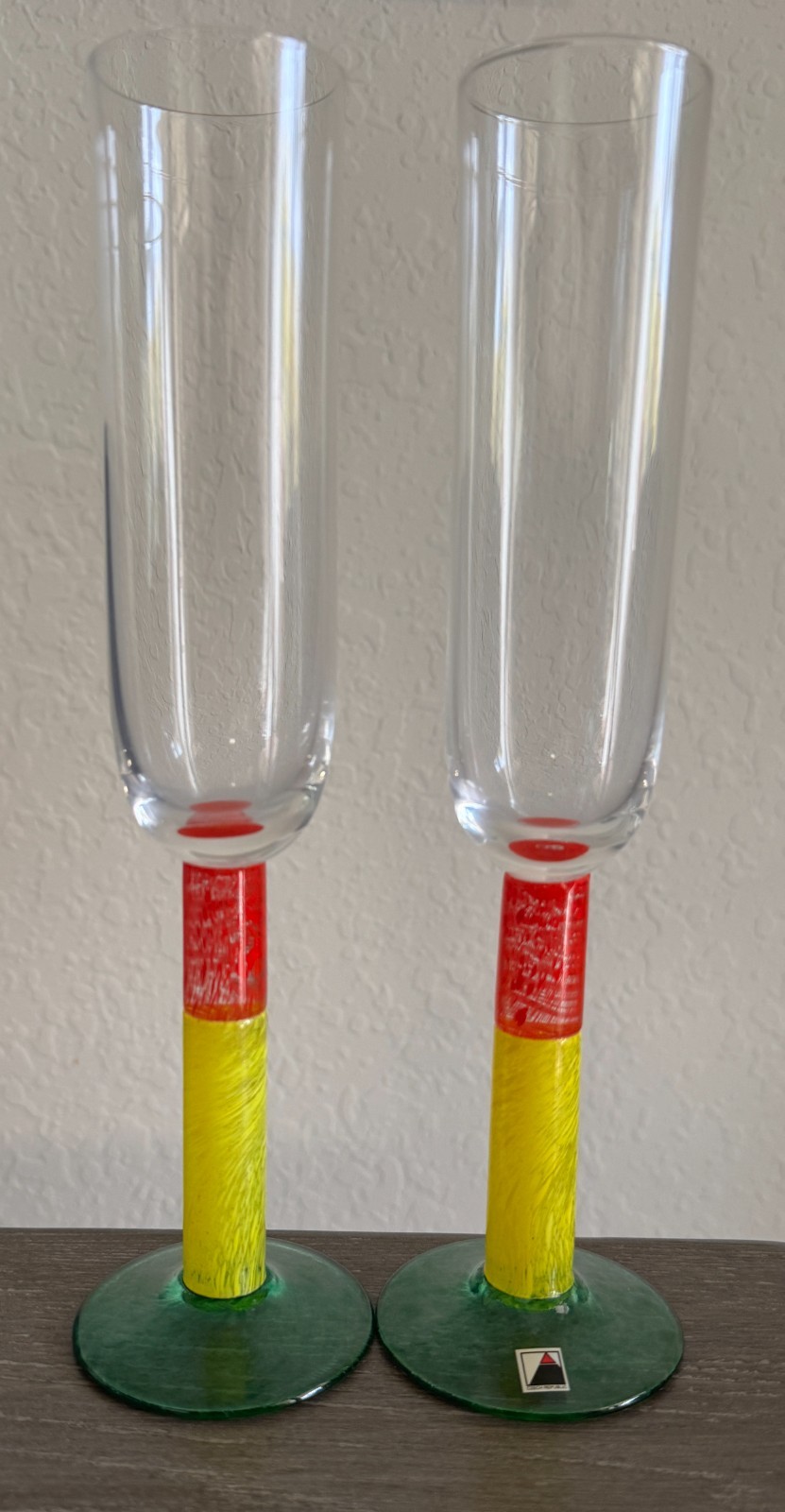 2 Czech Art Glass Champagne Flutes | Postmodern Memphis Style Stemware 10 3/4\