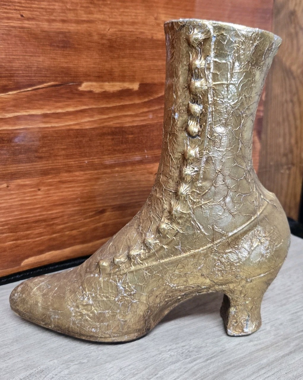 VTG Victorian Boot Button Shoe Vase Gold Metallic Foil Mache Coated Wood Figure
