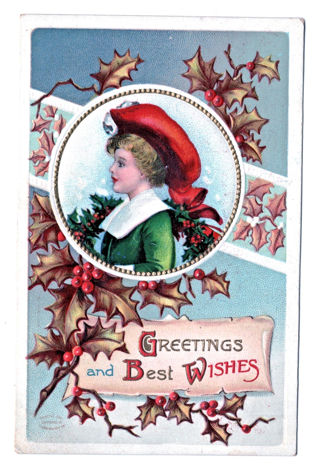 Clapsaddle Christmas Vintage Postcard Series 1184 Boy Red Cap Wreath Holly