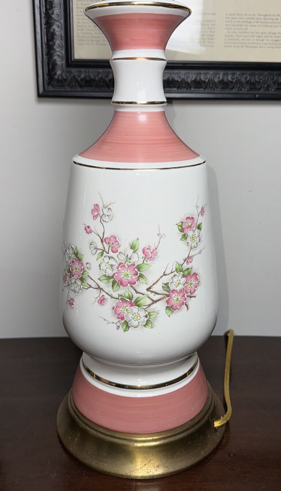 Vtg MCM Porcelain Cherry Blossom Dogwood Table Lamp White Pink Gold Newly Wired
