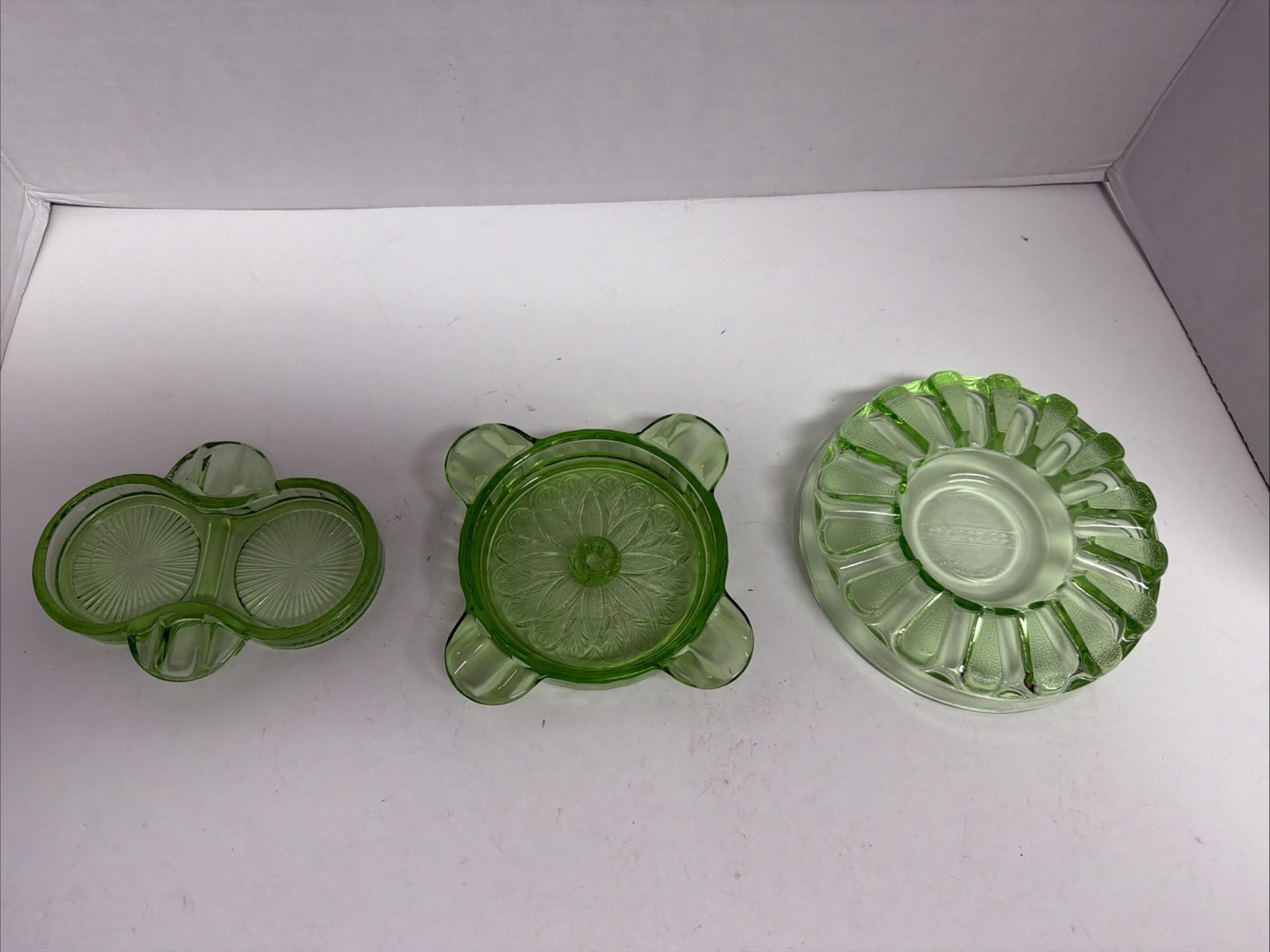 Lot 3 Vintage Green Uranium Depression Glass Ashtrays, See Pictures and Desc.