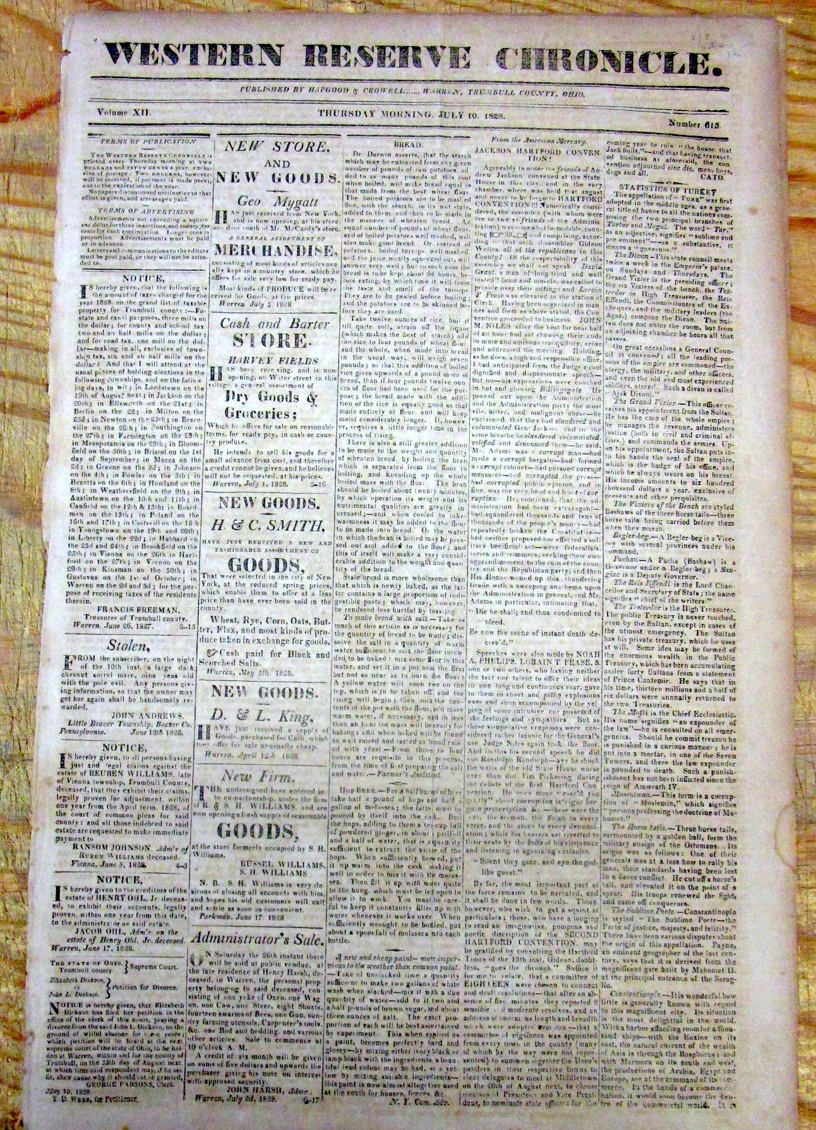 Rare 1828 Warren OHIO newspaper w Celebration of July 4 Independence Day holiday