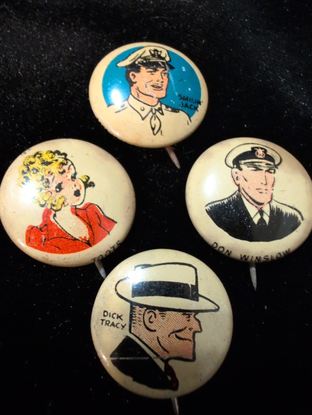 Vintage 1940s Kellogg's PEP Comic Pinback Buttons Lot of 4 Dick Tracy