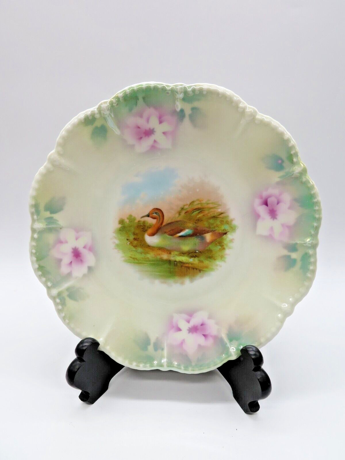 Vintage Silesien Game Bird Plate Mint Green Luster Pink Flowers