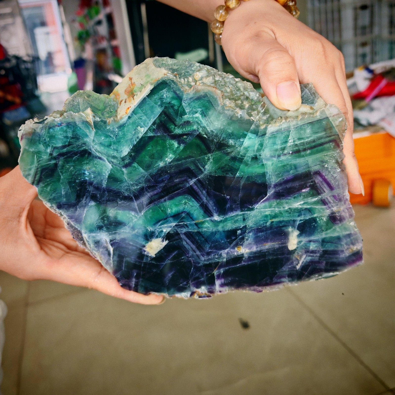 3.4LB Natural Rainbow Fluorite Slab Reiki Healing Mineral Home Display Decor