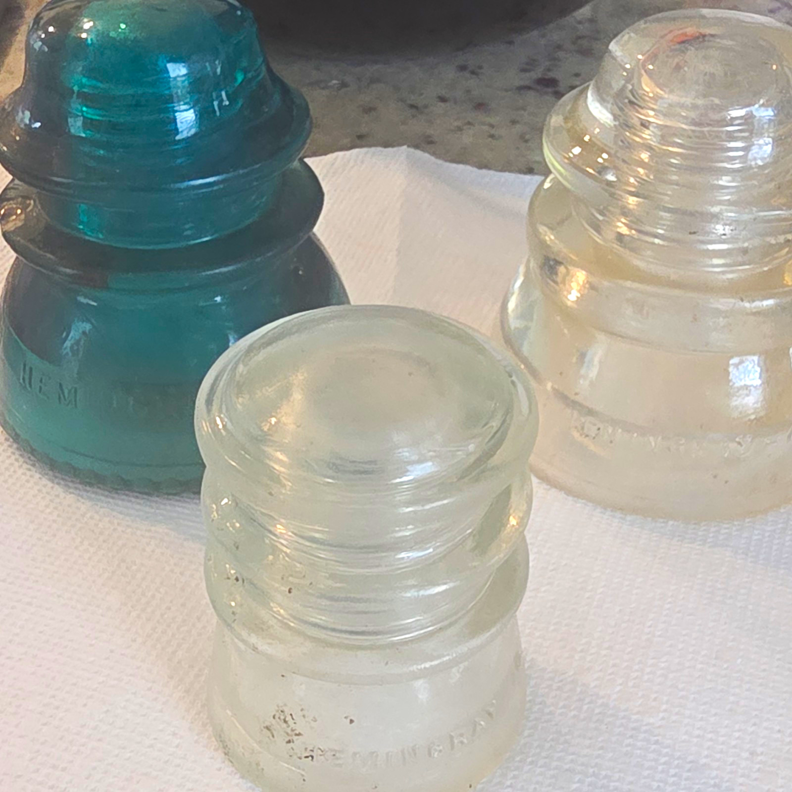Lot of 3 Vintage Glass Insulators - 2 Clear and 1 Aqua Blue Line Set
