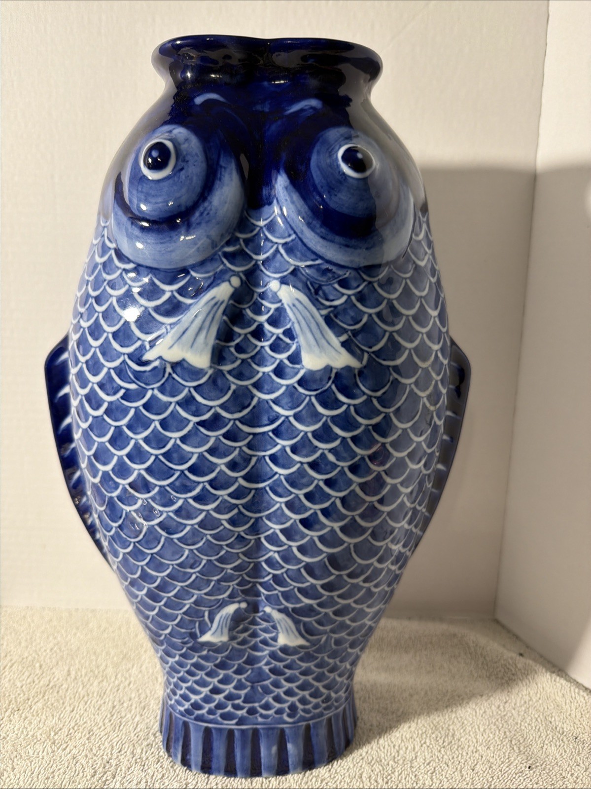 Bombay Vintage Chinoiserie Style Blue & White Ceramic Kissing Koi Fish Vase 14