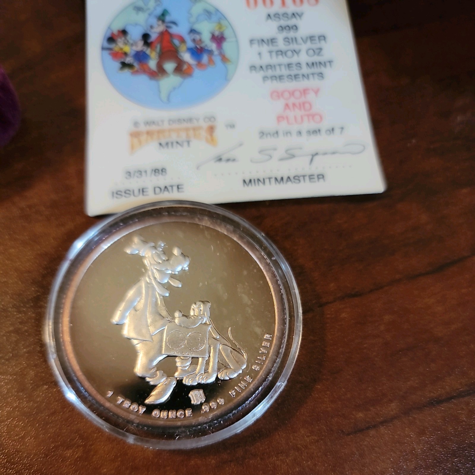 1988 Disney Around the World “Goofy & Pluto” 1 oz .999 Coin COA