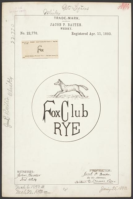 Photo:Jacob P Baiter Fox Club Rye Whisky Trademark 1893 Wolf Logo