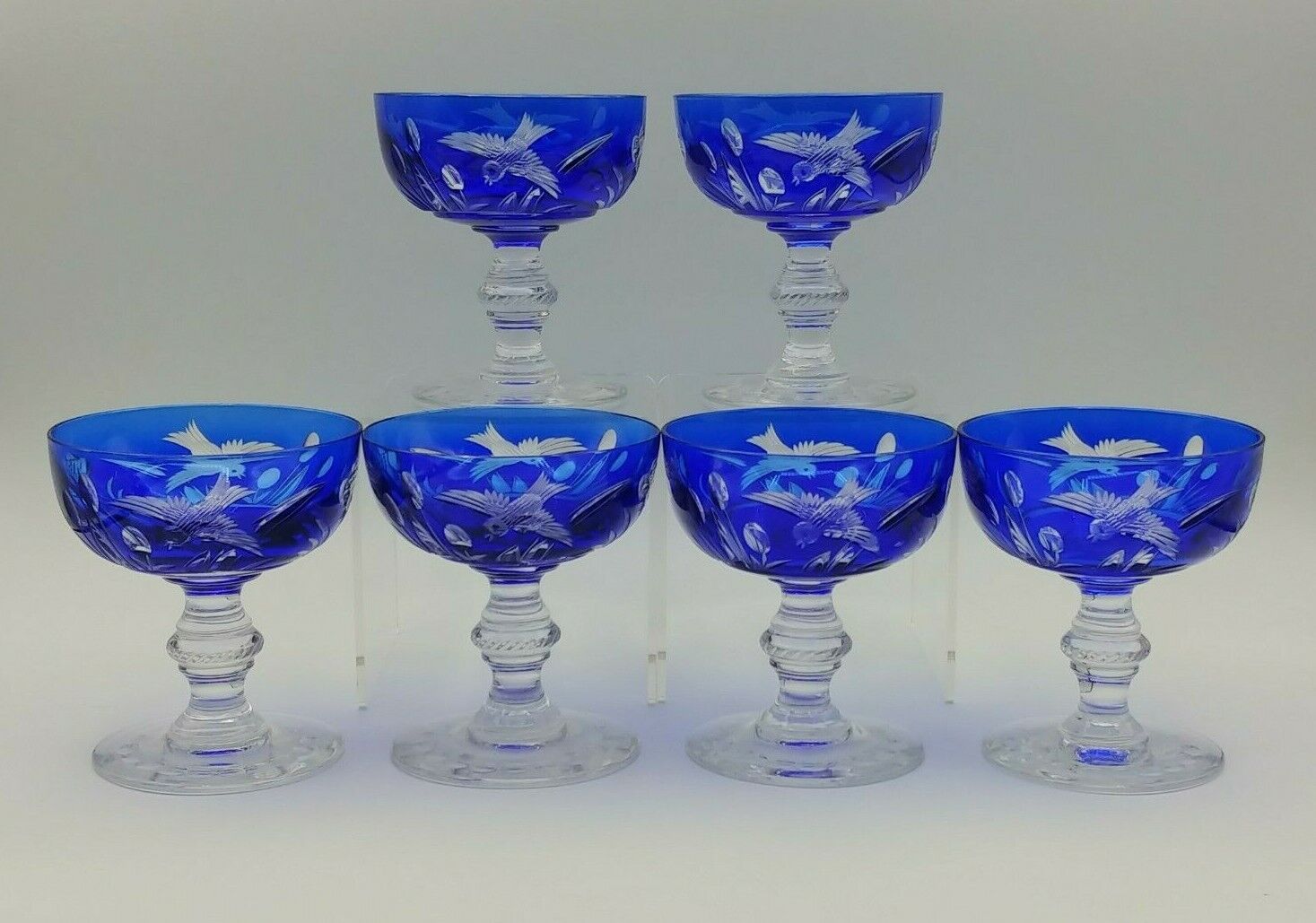 Bohemian Cobalt Cut To Clear Champagne Coupes Birds Flowers 4 1/4\