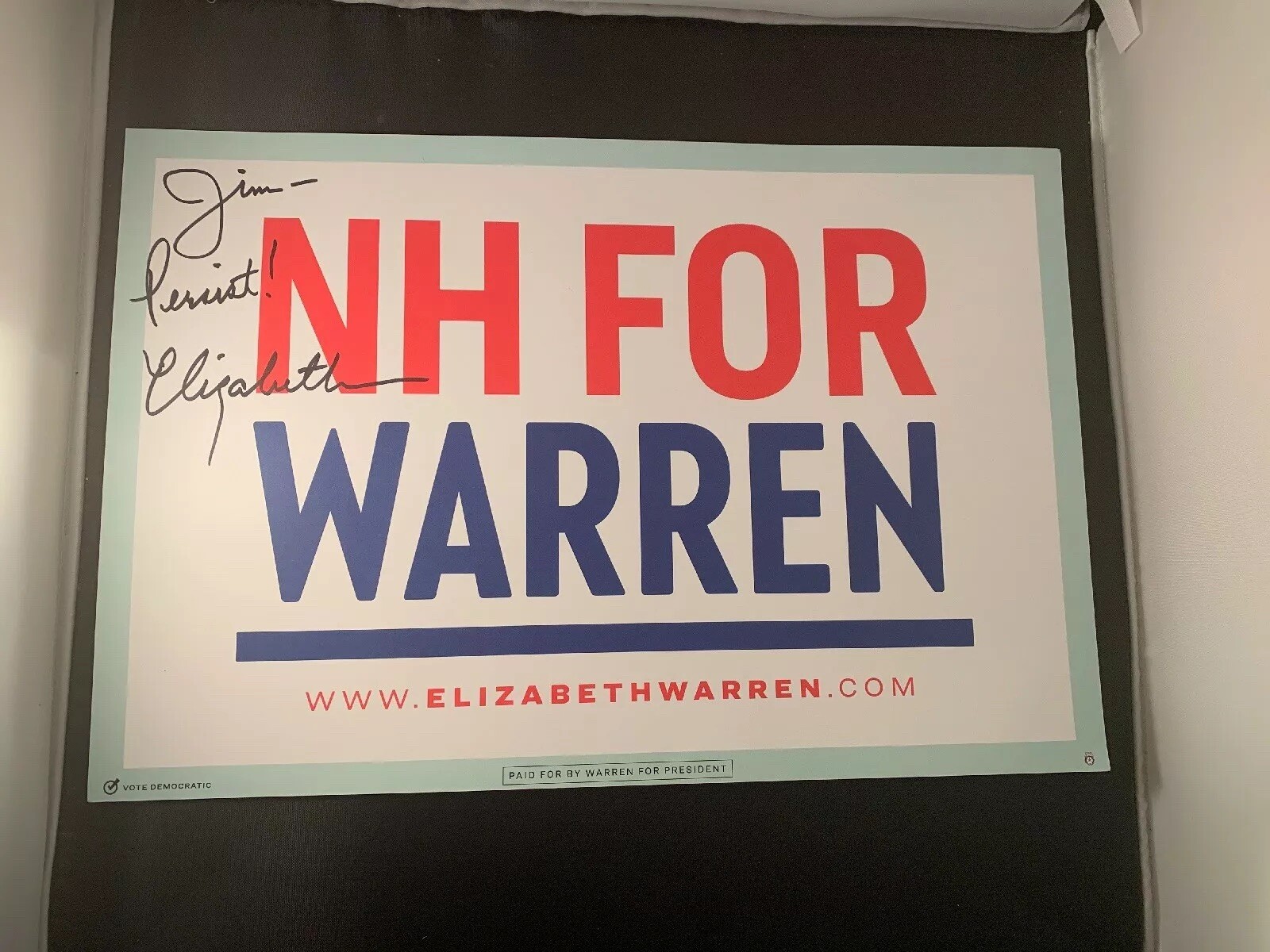 Elizabeth Warren Senator Signed NH Poster Placard 2020 President COA Autograph