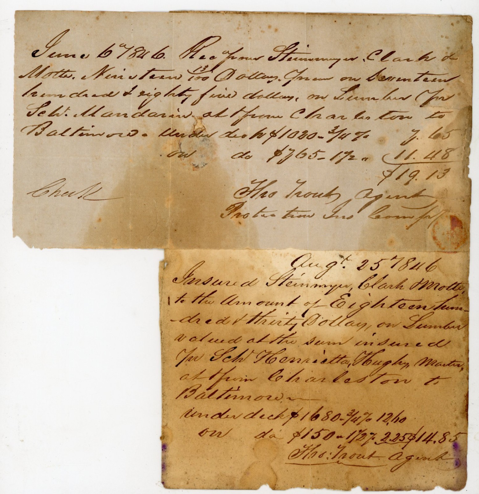 1846 Charleston SC Marine Insurance Receipt Schooner Constitution Barque Palmeto