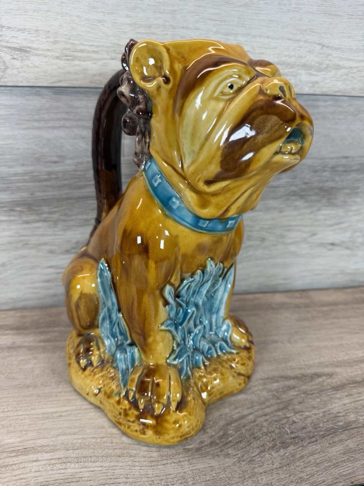 Vintage Bulldog Pitcher Majolica Style Ceramic Dog Jug English Bulldog 10\