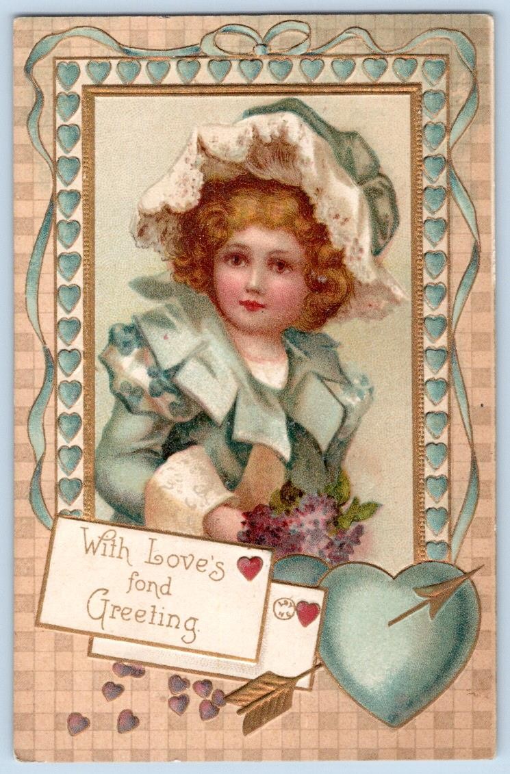 1907-10's VALENTINE LOVE'S GREETING GREEN HEARTS EMBOSSED VICTORIAN POSTCARD