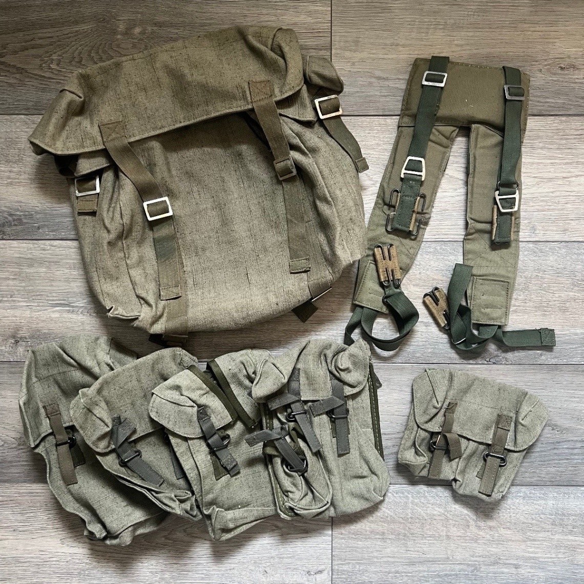 Vintage Bulgarian Army Military Green Field Backpack Pouches Suspenders Web Gear