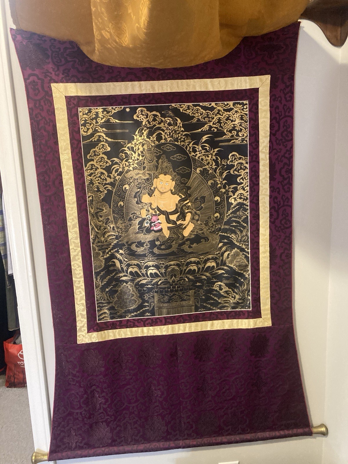 Authentic Hand-Painted Silk Thangka Wall Hanging Guru Figure Gold Detail