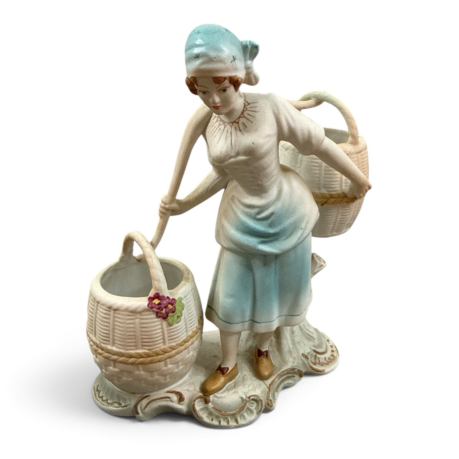 Vintage Romania ARPO Porcelain Lady Carrying Baskets Figurine 7.5 Vintage Romania ARPO Porcelain Lady Carrying Baskets Figurine 7.5