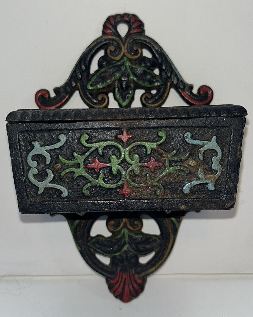 Wilton Cast Iron Wall Mount Match Safe Holder Painted Red & Green Vintage