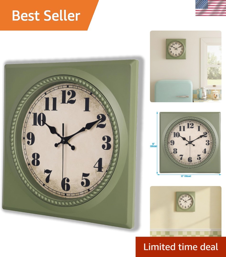 Elegant 12-Inch Vintage Wall Clock - Retro 1950s Square Design, Olive Green