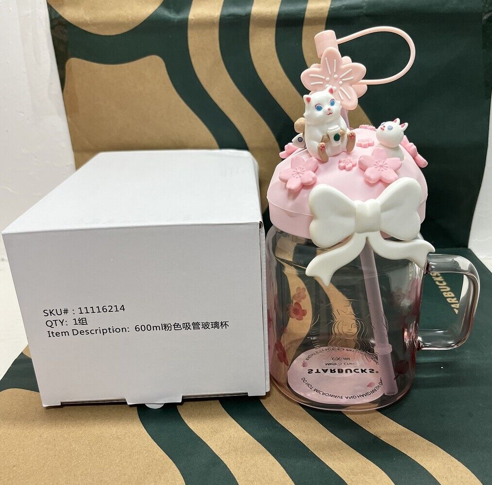 Starbucks China Cute Cat Gradient Pink Tumbler +Sakura Topper 20oz Cold Cup Gift