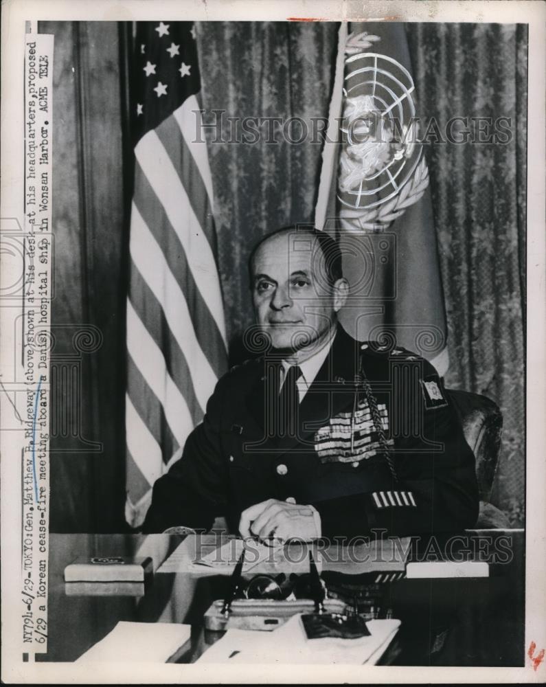 1951 Press Photo General Matthew B Ridgeway at his desk in Toyko Japan 1951 Press Photo General Matthew B Ridgeway at his desk in Toyko Japan