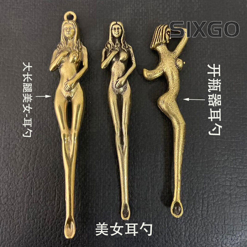 3PC Exquisite Old Brass Carving Beautiful Naked Woman Ear Spoon