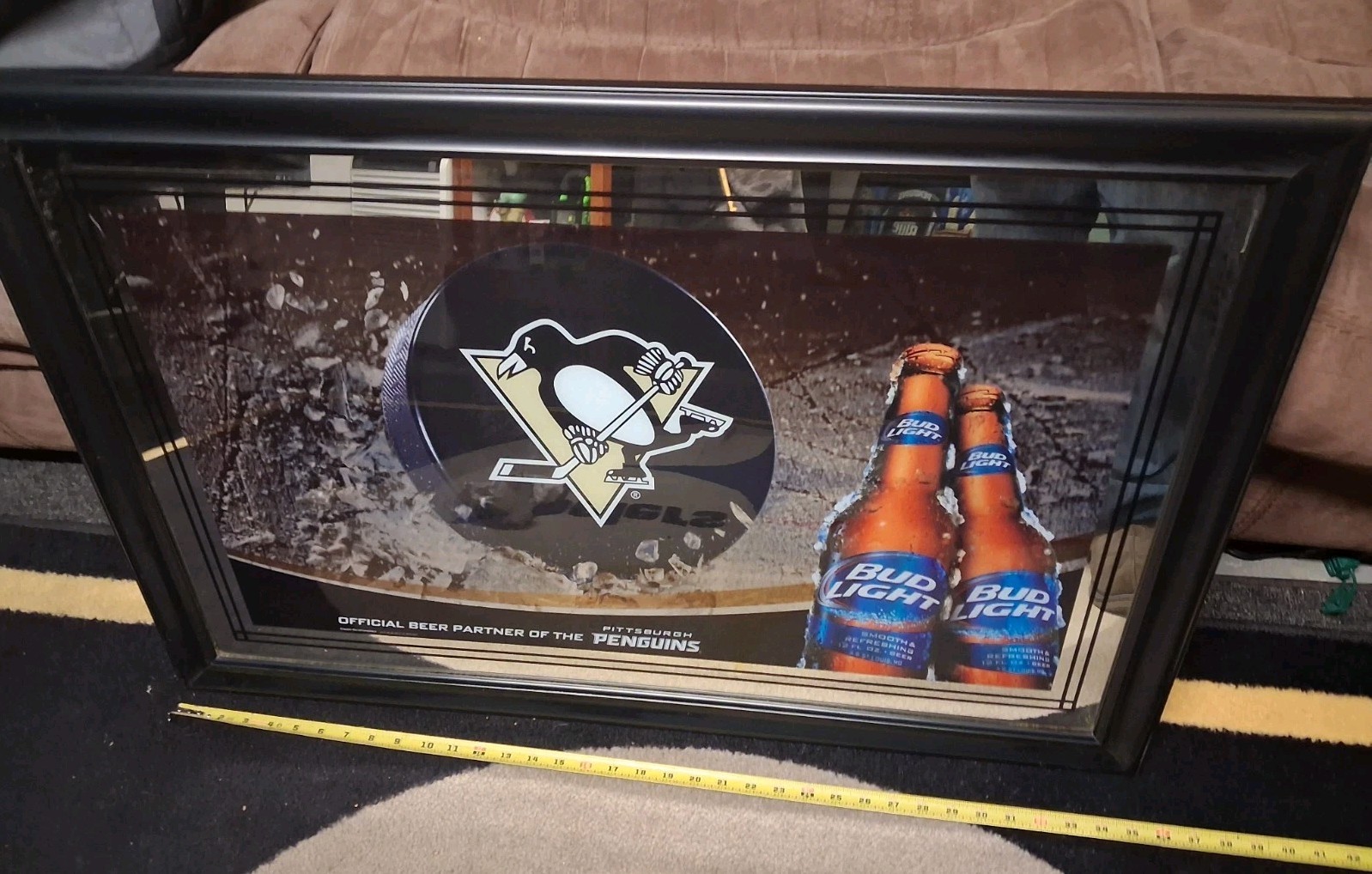 Large PITTSBURGH PENGUINS Bud Light Beer Mirror Puck SIGN -  NHL Advertising 